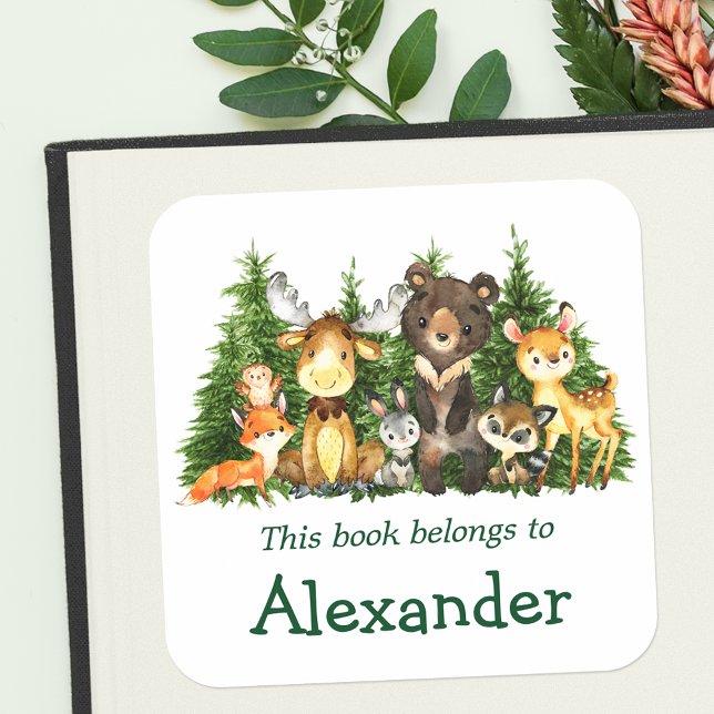 Sticker Carré Aquarelle Woodland Forest Animaux Bookplate Étique (Customize to change text size, color or text style.)