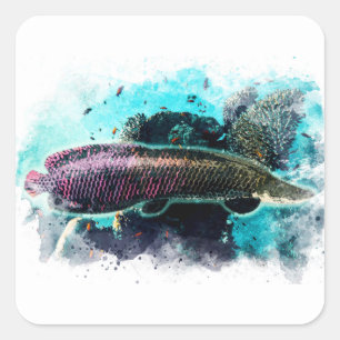 Sticker Carré Arapaima Monster Poisson Aquarelle Pirarucu Paiche