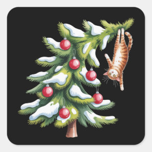 Sticker Carré Arbre à chat orange de Noël Amateur de chats Famil