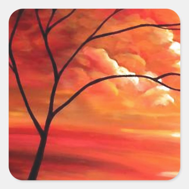 Sticker Carré Arbre Abstrait et coucher de soleil rouge (Devant)