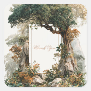 Sticker Carré Arbre Ancien Majestueux Forêt Rocheuse Cadre Doré
