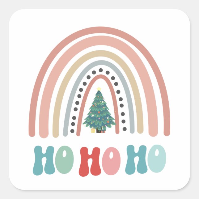 Sticker Carré Arbre arc-en-ciel de Noël avec hohoho (Devant)