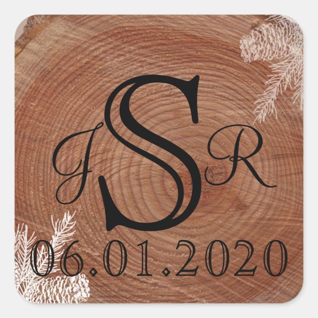Sticker Carré Arbre Cercles Mariage campagnard rustique Monogram (Devant)