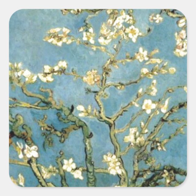 Sticker Carré Arbre d'amande en fleurs par Van Gogh (Devant)