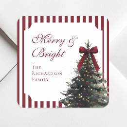 Sticker Carré Arbre de Noël à l'aquarelle avec un élégant nœud b