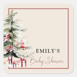 Sticker Carré Arbre de Noël à l'aquarelle Baby Shower Verdure