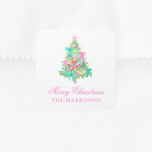 Sticker Carré Arbre de Noël à ruban coquet aquarelle