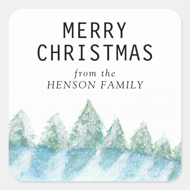 Sticker Carré Arbre de Noël Aquarelle Forêt neigeuse Artiste (Devant)