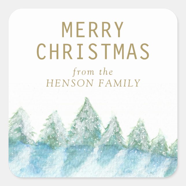 Sticker Carré Arbre de Noël Aquarelle Forêt neigeuse Artiste (Devant)