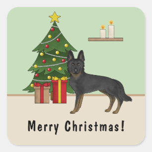 Sticker Carré Arbre de Noël au Berger Allemand Bi-Noir avec Text