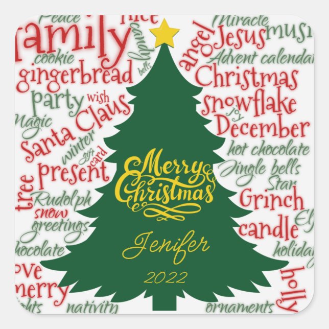 Sticker Carré Arbre de Noël avec le nom Cadeau (Devant)