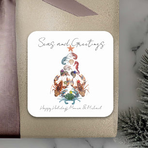 Sticker Carré Arbre de Noël Crabe Homard Crustacé Mer Fêtes