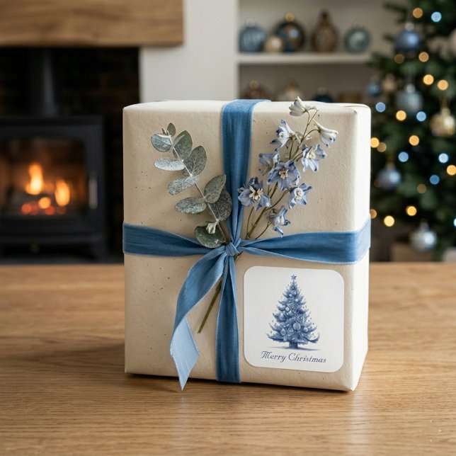 Sticker Carré Arbre de Noël dans Delft Blue personnalisable (Créateur téléchargé)