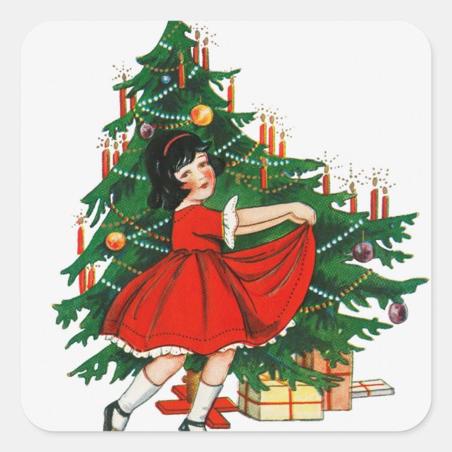 Sticker Carré Arbre de Noël de la Fille vintage (Devant)