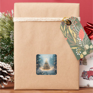 Sticker Carré Arbre de Noël de la Forêt Enneigée Magique d'Hiver