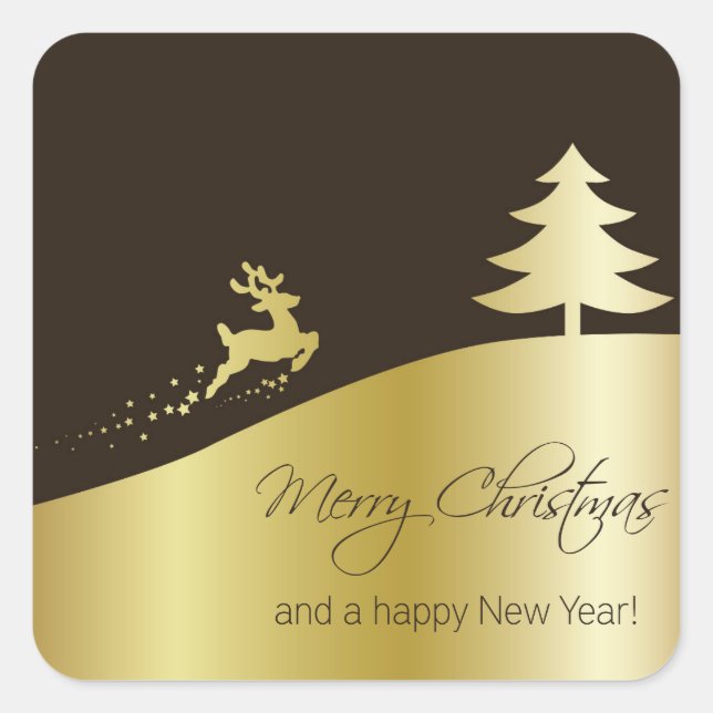 Sticker Carré Arbre de Noël doré avec rennes (Devant)
