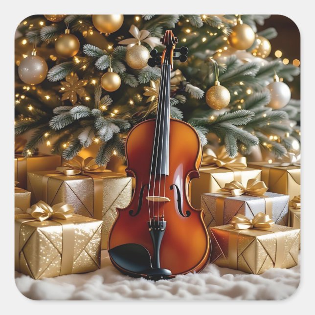 Sticker Carré Arbre de Noël doré, cadeaux et violon (Devant)