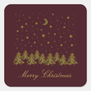 Sticker Carré Arbre de Noël en or brillant, lune, étoiles sur ro