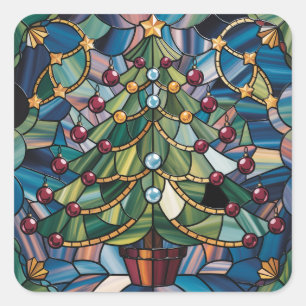 Sticker Carré Arbre de Noël en verre coloré de style Tiffany