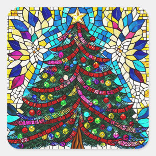 Sticker Carré Arbre de Noël en verre tendu avec ornement couleur