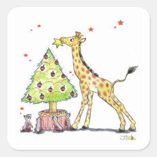 Sticker Carré Arbre de Noël et girafe
