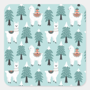 Sticker Carré Arbre de Noël et motif de lama mignonne