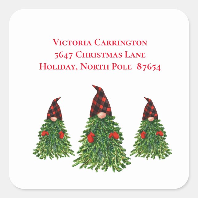 Sticker Carré Arbre de Noël Gnome Vérifié Adresse de Retour (Devant)