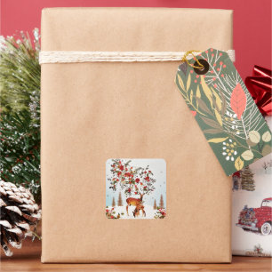 Sticker Carré Arbre de Noël Inséparable hiver Aquarelle