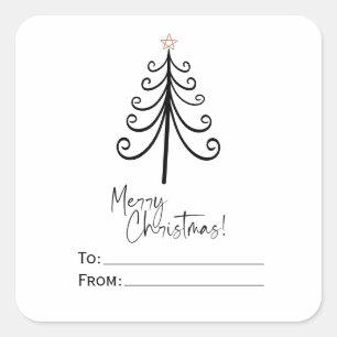 Sticker Carré Arbre de Noël Merveilleux Blanc Noir Étoile Dorée