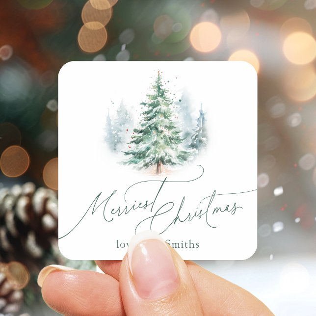 Sticker Carré Arbre de Noël moderne écriture Joyeux Noël (Modern Script Merriest Christmas Pine Tree Square Sticker)
