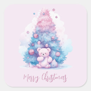 Sticker Carré Arbre de Noël Pastel rose et bleu Teddy Bear