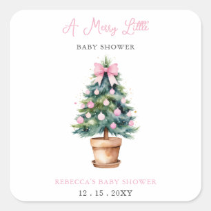Sticker Carré Arbre de Noël rose Joyeux petit Baby shower