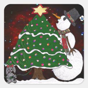 Sticker Carré Arbre de Noël Snowman Surprise Art Imprimer