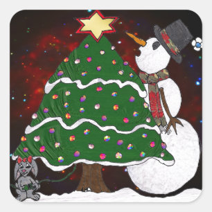 Sticker Carré Arbre de Noël Snowman Surprise Art Imprimer