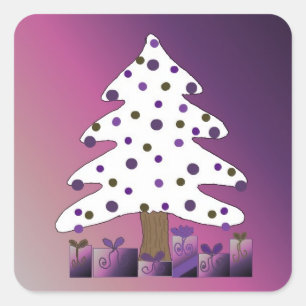 Sticker Carré Arbre de Noël sur un Arrière - plan pourpre