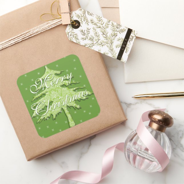 Sticker Carré Arbre de Noël vert avec étoiles (Cadeaux)
