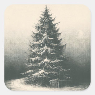 Sticker Carré Arbre De Noël Vintage En Intaglio À Neige