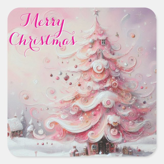Sticker Carré Arbre de Noël Whimsical Pink White Swirls Neige (Devant)