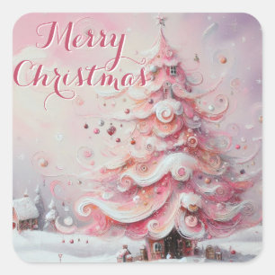 Sticker Carré Arbre de Noël Whimsical Pink White Swirls Neige