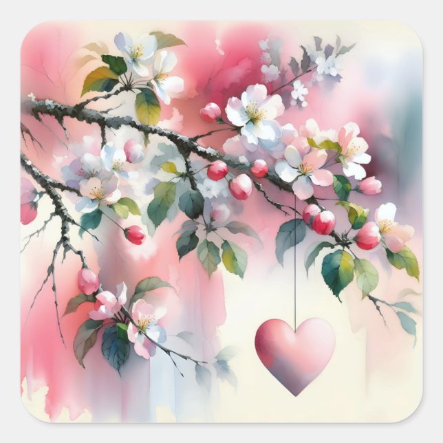 Sticker Carré Arbre de pommier sauvage aquarelle avec cœur  (Devant)