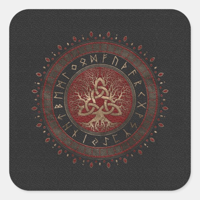 Sticker Carré Arbre de vie avec Triquetra Black Rouge cuir (Devant)