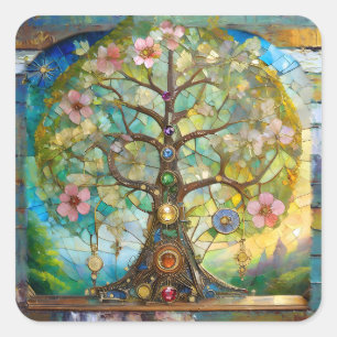 Sticker Carré Arbre de Vie Fleurissant des 7 Chakras