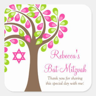 Sticker Carré Arbre de vie moderne Bat mitzvah vert rose