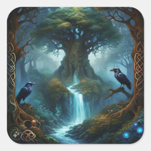 Sticker Carré Arbre de Vie Nœuds Celtiques Corbeaux
