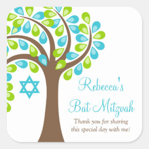 Sticker Carré Arbre de vie Turquoise Bleu Vert Bat mitzvah