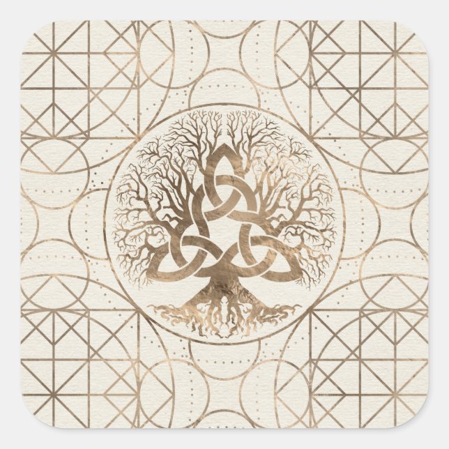 Sticker Carré Arbre de vie - Yggdrasil avec l'or Triquetra Paste (Devant)