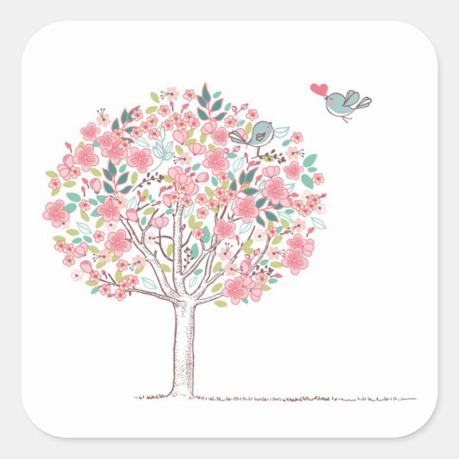 Sticker Carré Arbre en fleurs et oiseaux en amour (Devant)
