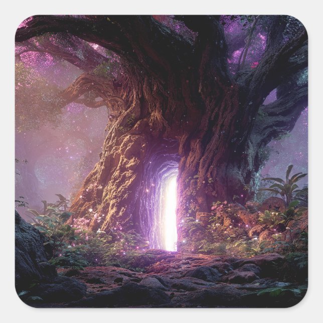 Sticker Carré Arbre Enchanté Surréaliste Avec Portail Lumineux (Devant)
