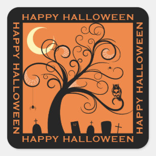 Sticker Carré Arbre et cimetière Orange Art Joyeux Halloween