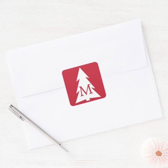 Sticker Carré Arbre géométrique blanc en rouge avec monogramme p (Enveloppe)